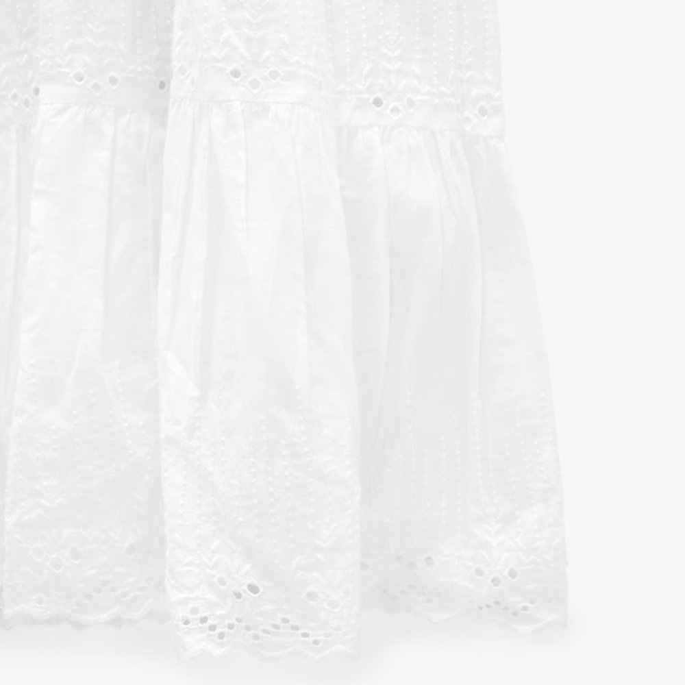 Zara White Tiered Eyelet Midi Dress with Black Harness Detail - Picture 6 of 8